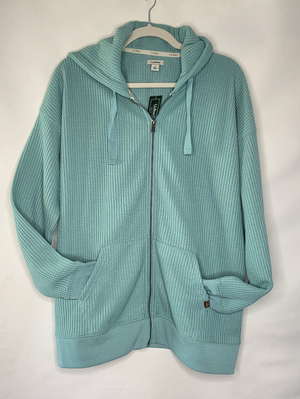 L.L. Bean Women's Waffle Knit Zip Front Hoodie Size L‎ Ocean Teal Jacket NEW